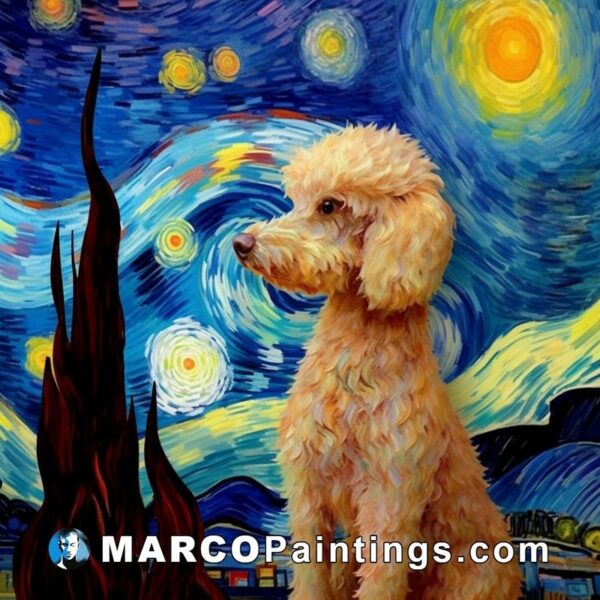 A painting of a poodle sitting at the edge of the starry night