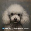 A painting of a poodle with white fur on gray background