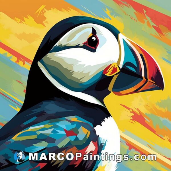 A painting of a puffin bird in a colorful background