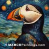 A painting of a puffin in front of a starry sky