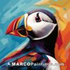 A painting of a puffin on colorful cloth