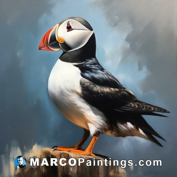 A painting of a puffin standing on a piece of wood