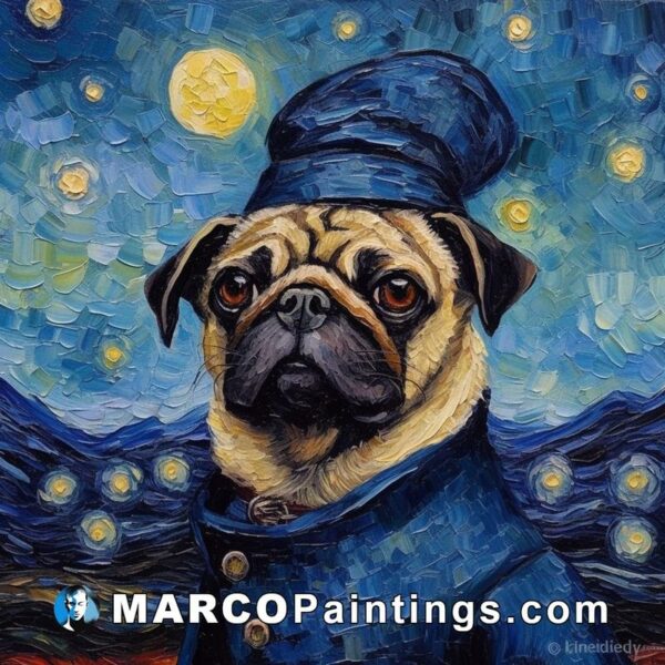 A painting of a pug with a hat in blue
