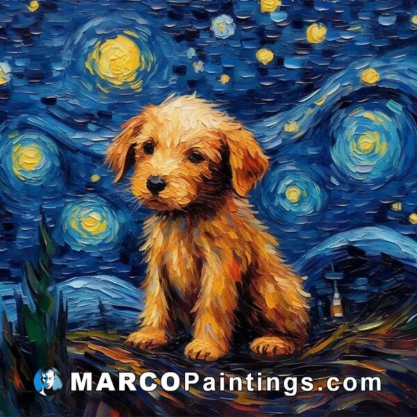 A painting of a puppy painting in the stars at night