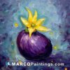 A painting of a purple eggplant with a yellow flower