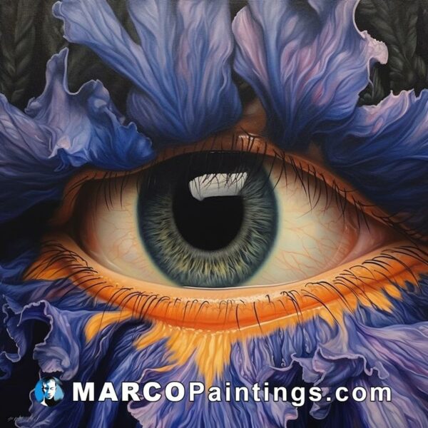 A painting of a purple eye set against a blue background