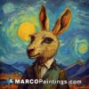 A painting of a rabbit in a suit with a star moon in the background