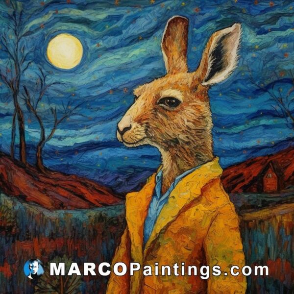 A painting of a rabbit in a yellow jacket in front of a moon