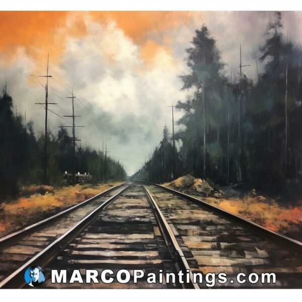 A painting of a railroad track under an orange sky