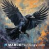 A painting of a raven flying in the sky