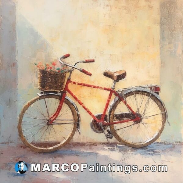 A painting of a red bike with basket on it behind the wall