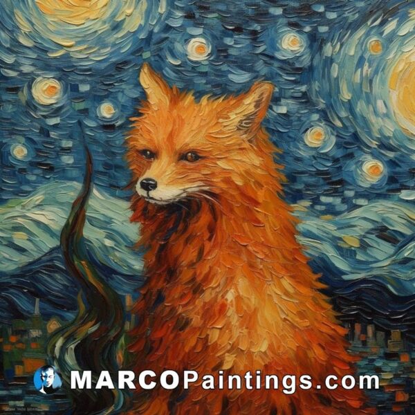 A painting of a red fox in starry night