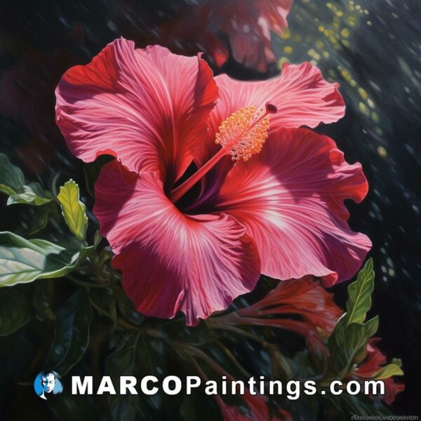 A painting of a red hibiscus flower in black and pink
