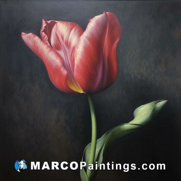 A painting of a red tulip on a black background