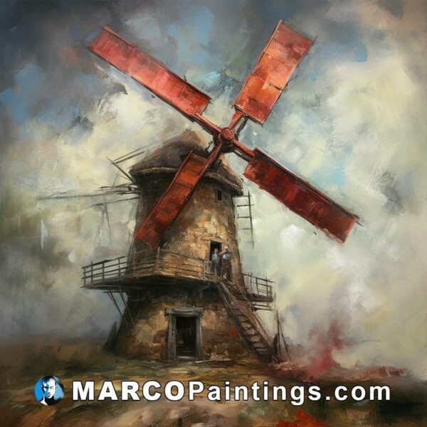 A painting of a red windmill