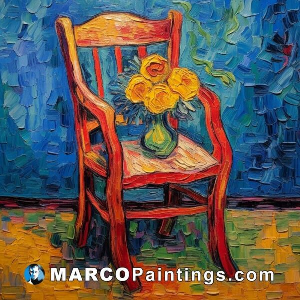 A painting of a red wooden chair with sunflowers in it