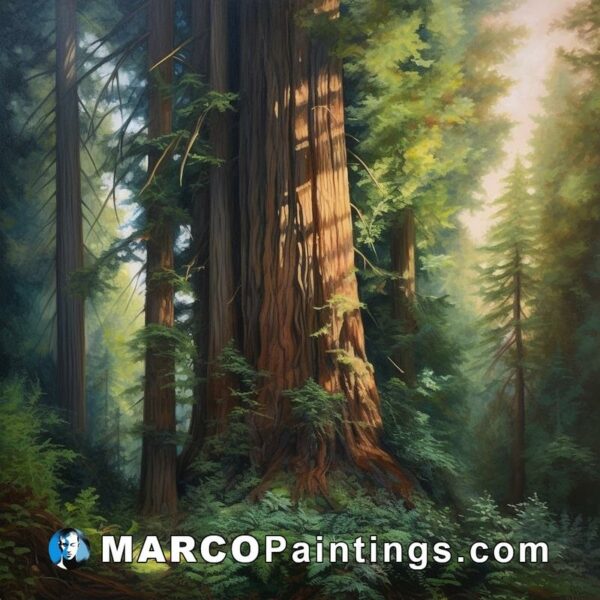 A painting of a redwood forest with redwood trees