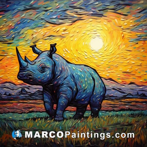 A painting of a rhino in the sunset