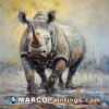 A painting of a rhino that is walking toward the scene