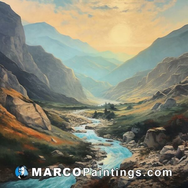 A painting of a river flowing in the mountains