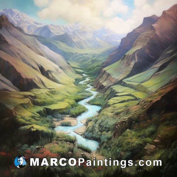 A painting of a river in a valley