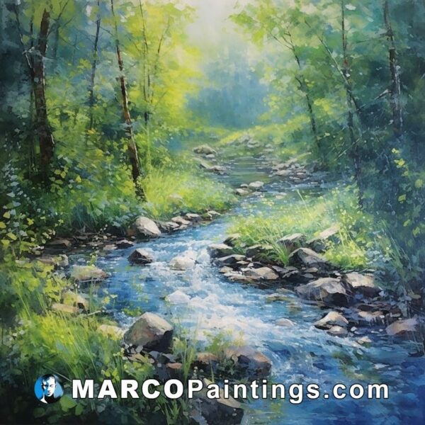 A painting of a river running in green forests