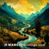 A painting of a river running through a valley in a scenic setting