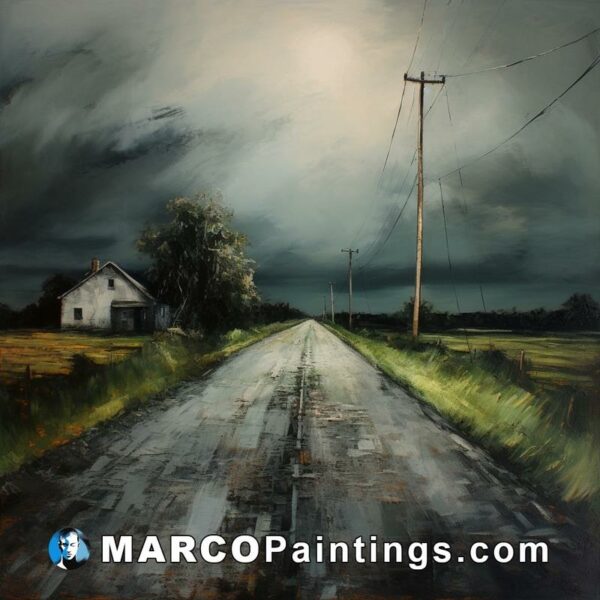 A painting of a road in the rain with a dark sky