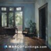A painting of a room with wood floors and windows