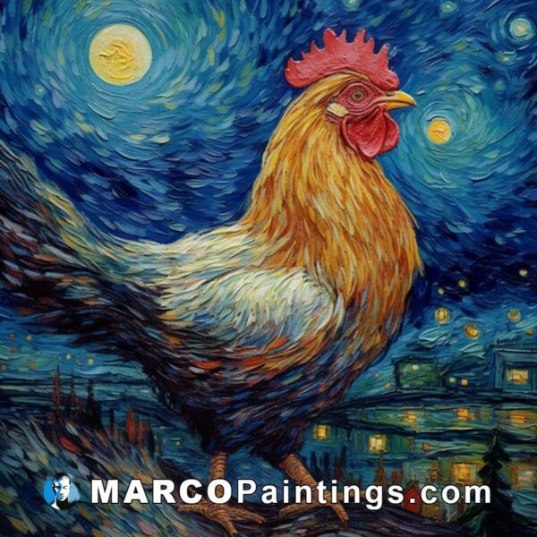 A painting of a rooster at starry night