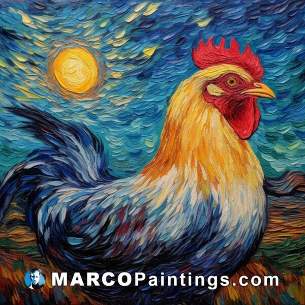 A painting of a rooster with the moon behind him