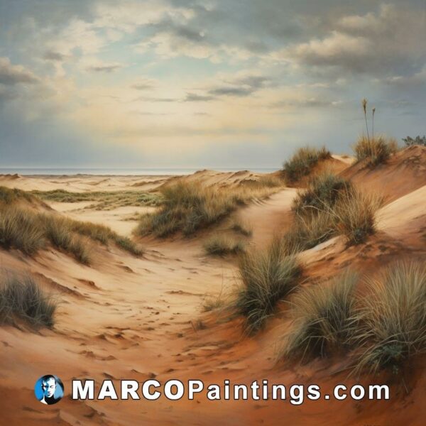 A painting of a sandy beach with sand dunes