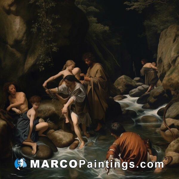 A painting of a scene showing people and peons in the river