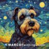 A painting of a schnauzer at the starry night