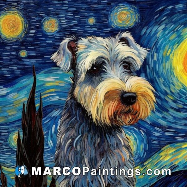 A painting of a schnauzer on starry night