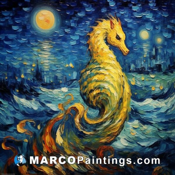 A painting of a sea horse in the night