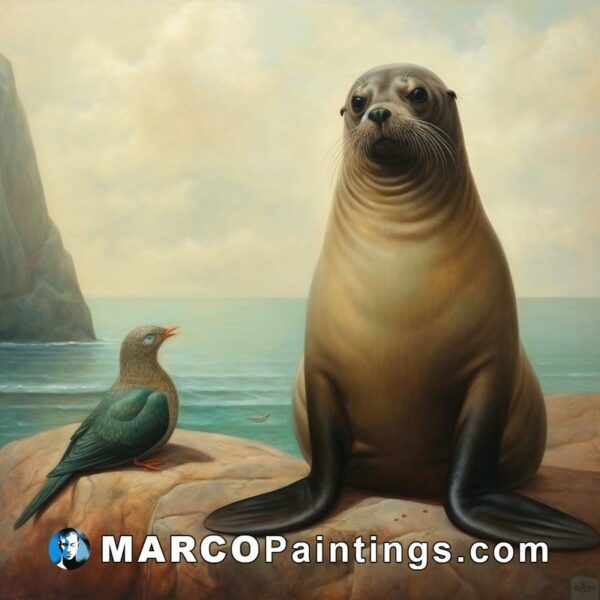 A painting of a seal and a bird next to the water