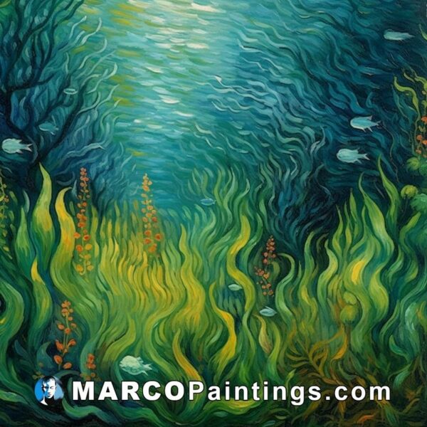 A painting of a seaweed area under the water