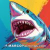 A painting of a shark face on a colorful background