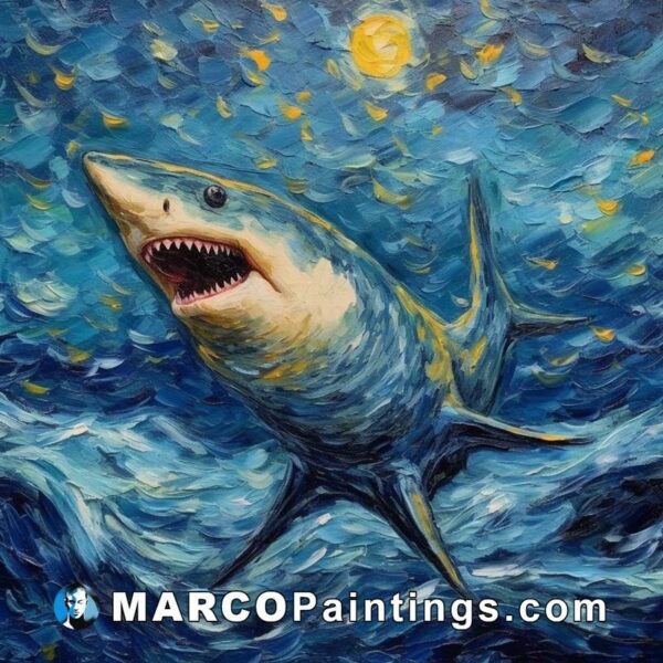 A painting of a shark in the ocean with its open mouth