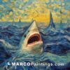 A painting of a shark with its mouth wide open in the ocean