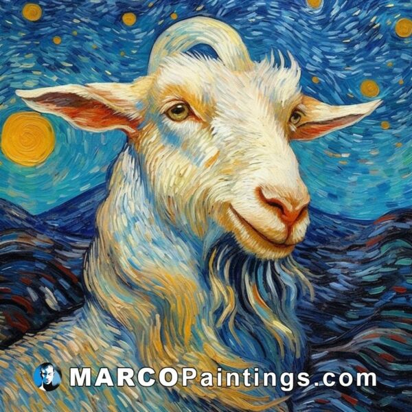 A painting of a sheep with blue eyes and the starry sky