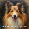 A painting of a sheltie with his mouth open