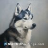 A painting of a siberian husky on a gray background