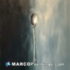 A painting of a silver spoon on a blue and gray background