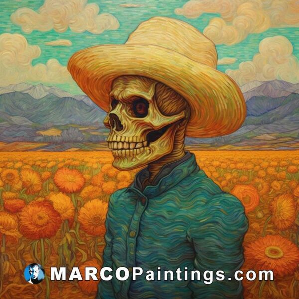 A painting of a skeleton in a field on an field of sunflowers