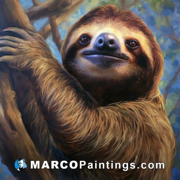 A painting of a sloth sitting in a tree branch