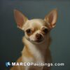 A painting of a small chihuahua standing on a blue background
