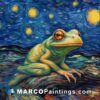 A painting of a small frog under a starry sky