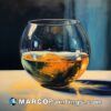 A painting of a small glass with whiskey on it
